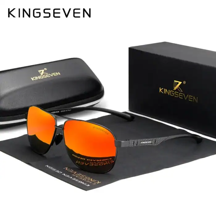 Hochwertige KINGSEVEN Sonnenbrille mit orange reflektierenden Gläsern, inklusive Etui und Verpackung, ideal für stilvollen Sonnenschutz und Retro-Design.