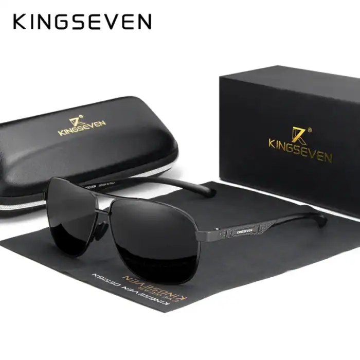Luxus-Kingsseven Sonnenbrille in Schwarz mit UV-Schutz, inklusive eleganter Tragetasche und Aufbewahrungsetui, ideal für Modebewusste und sonnige Tage.