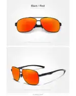 Sonnenbrille mit schwarzem Rahmen und orange-rot Spiegelglasscheiben, stilvoller Schutz vor Sonnenlicht, perfekt für modebewusste und aktive Nutzer.