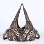 Ledereinkaufstasche mit Leopardenmuster und Taschenreissverschluss, modisches Design und vielseitig einsetzbar. Perfekt für stilvolle Damen.