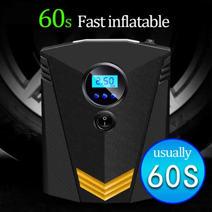 Bluetooth-Luftkompressor mit digitalem Display, schnelles Aufpumpen in 60 Sekunden, tragbar und leise, ideal für Reifenreparatur und Autoreifen.