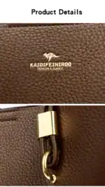 Lederhandtasche mit goldenen Details, Nahaufnahme, hochwertiges braunes Leder, modisches Accessoire für Damen, elegante Tasche mit Reißverschluss.