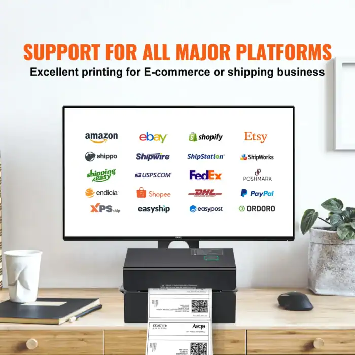 Drucker mit Versandetiketten für E-Commerce, unterstützt alle großen Plattformen wie Amazon, eBay, Shopify, Etsy, Shippo, Shipwire, ShipStation, ShipWorks, USPS, FedEx, Poshmark, Endicia, Shopee, DHL, PayPal, XPS, easyShip, easyPost, ORDORO.