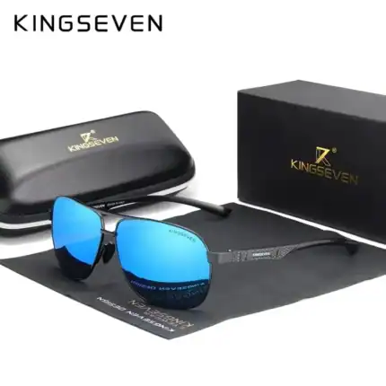 Kingseven Sonnenbrille mit blauer Spiegelbeschichtung, carbonfaserähnlichem Gestell und UV-Schutz, stilvoller Eyewear für Männer, inklusive Etui und Reinigungstuch, perfekt für Outdoor-Aktivitäten und modebewusste Käufer.