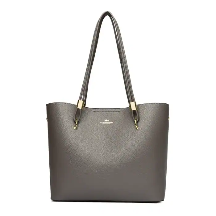 Stylische graue Ledertasche mit eleganten goldenen Details, perfekt für den Alltag und flexible Modeaccessoires.