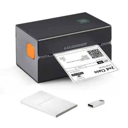 Drucker für Etiketten und Barcodes, kompakte Kabellosemulation, ideal für Lager, Logistik und Büroumgebungen.