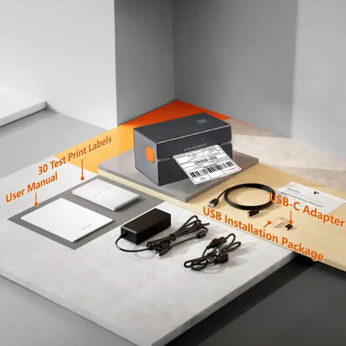 Drucker mit USB-C Adapter, Testdruckbändern und Bedienungsanleitung für schnelle Etikettenerstellung, ideal für Unternehmen und Lagerverwaltung.