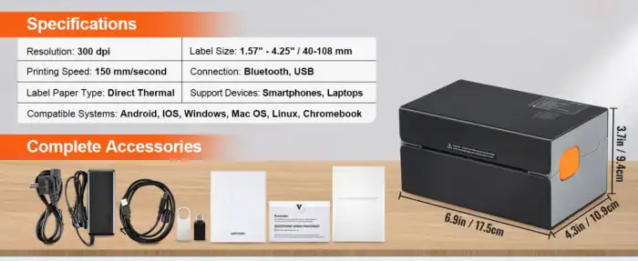 Vollfarbiger Etikettendrucker mit kabelloser Verbindung und kompletten Zubehörsätzen für Smartphones und Laptops, ideal für professionelle Etikettierung.