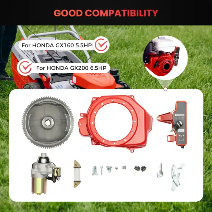 Ersatzteile und Zubehör für Rasenmäher, kompatibel mit Honda GX160 und GX200, inklusive Antriebsteile, Zündmechanismen und Gehäuseteile, perfekt für Reparatur und Wartung.