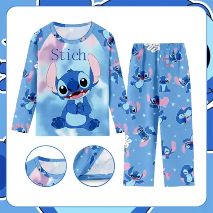 Stich Schlafanzug Kinder mit Disney Stich Motiv, langärmlig, bequem, weicher Stoff, ideale Nachtwäsche für Kinder, perfekte Geschenkidee für Fans von Disney.
