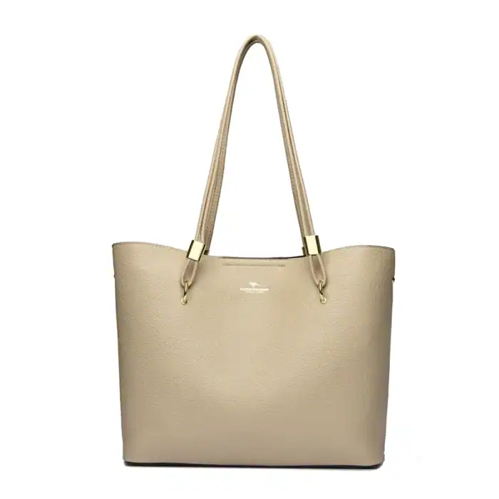 Leder-Shopper Tasche in Beige mit eleganten goldfarbenen Akzenten für Damen, ideal für den Alltag und besondere Anlässe. Hochwertige Verarbeitung und modernes Design.