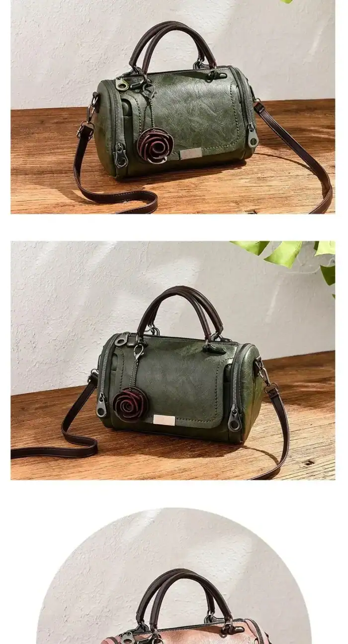 Handtasche aus Leder mit Handgriff, längenverstellbarem Schulterriemen, Reißverschluss und dekorativer Rosenanhänger, ideal für stilbewusste Damen.