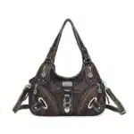 Stylische schwarze Ledertasche mit mehreren Reißverschlüssen und dekorativen Metallverzierungen, ideal für Damen und modebewusste Frauen.