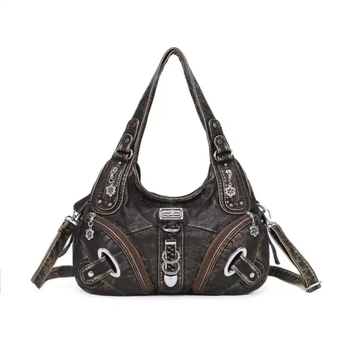 Stylische schwarze Ledertasche mit mehreren Reißverschlüssen und dekorativen Metallverzierungen, ideal für Damen und modebewusste Frauen.