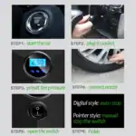Nagelneues Bild einer Autoreparatur- oder Wartungsanleitung für Reifen- und Fahrzeugpflege. Die Schritt-für-Schritt-Anleitung umfasst die wichtigsten Maßnahmen wie Start des Autos, Anschluss des Kompressors, Druckeinstellung, Verbindung des Düsenschlauchs, Einschalten des Schalters und Abschluss. Das Bild zeigt klare, detailreiche Fotos der einzelnen Schritte und die passende Beschriftung für eine einfache Umsetzung durch den Nutzer. Es eignet sich ideal für eine Webseite, die Tutorials oder Anleitungen zu Fahrzeugwartung und Reifenpflege anbietet.