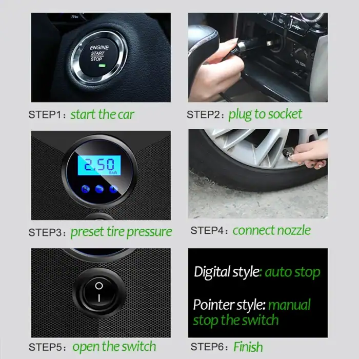 Nagelneues Bild einer Autoreparatur- oder Wartungsanleitung für Reifen- und Fahrzeugpflege. Die Schritt-für-Schritt-Anleitung umfasst die wichtigsten Maßnahmen wie Start des Autos, Anschluss des Kompressors, Druckeinstellung, Verbindung des Düsenschlauchs, Einschalten des Schalters und Abschluss. Das Bild zeigt klare, detailreiche Fotos der einzelnen Schritte und die passende Beschriftung für eine einfache Umsetzung durch den Nutzer. Es eignet sich ideal für eine Webseite, die Tutorials oder Anleitungen zu Fahrzeugwartung und Reifenpflege anbietet.
