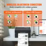 Drucker druckt Etiketten und unterstützt kabellose Bluetooth-Verbindung und USB-Wiedergabe mit Windows, Mac OS, Linux und Chromebook, ideal für professionelle Etikettierung und Büroanwendungen.