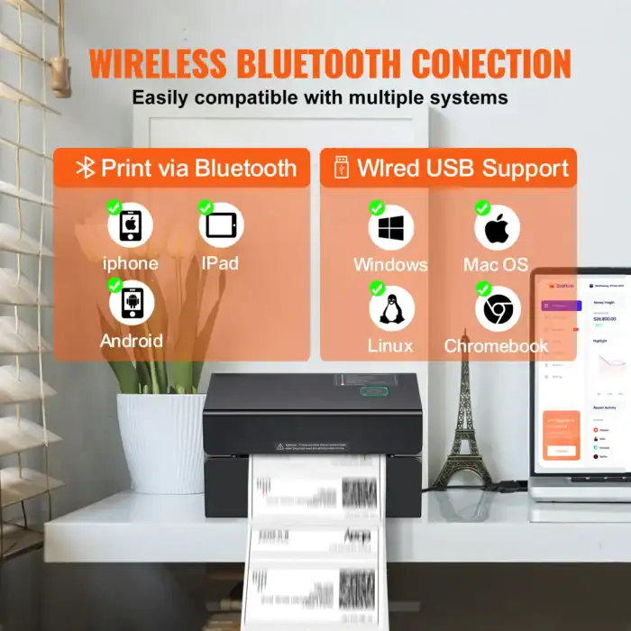Drucker druckt Etiketten und unterstützt kabellose Bluetooth-Verbindung und USB-Wiedergabe mit Windows, Mac OS, Linux und Chromebook, ideal für professionelle Etikettierung und Büroanwendungen.