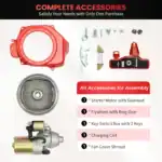 Starter Motor mit Solenoid, Flywheel mit Ringgetriebe, Schlüssel-Schalterkasten mit 2 Schlüsseln, Ladekabel, Lüfterabdeckungshülle - Komplettes Zubehörset für effizienten Motorzusammenbau.