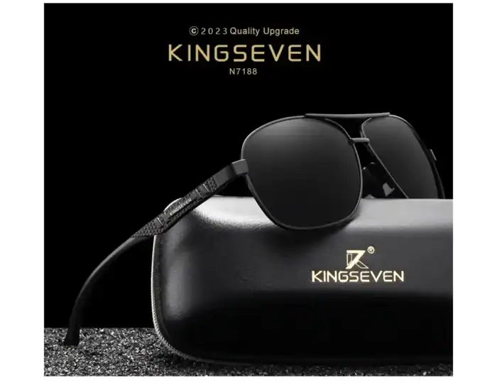 Hochwertige KingSeve Sonnenbrille mit schwarzem Rahmen und dunklen Gläsern, stilvoll verpackt in einer eleganten Brillenfassung. Perfekt für Fashion- und Sonnenbrillenliebhaber, ideal für den täglichen Gebrauch.