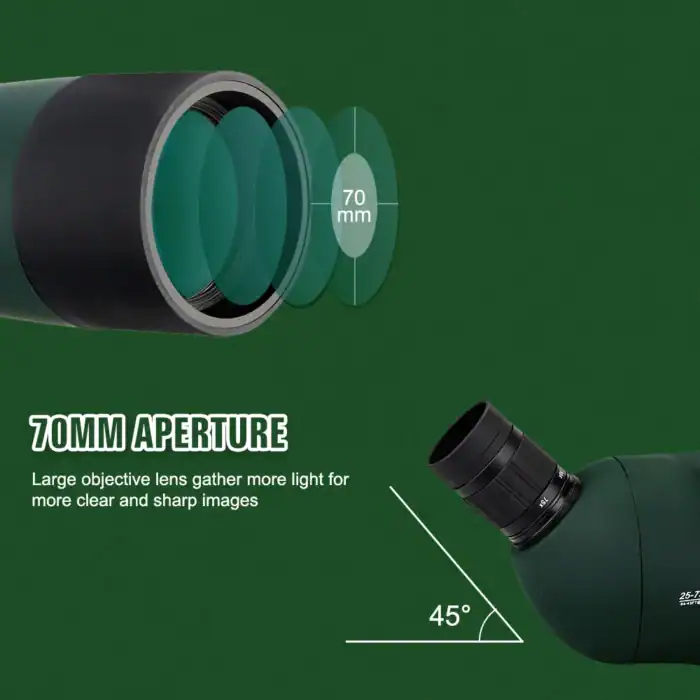 Feinmechanischer Teleskop-Objektiv mit 70 mm Öffnung für klare, scharfe Bilder, passend für Beobachtung und Astrofotografie.