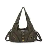 Robuste Damenhandtasche aus hochwertigem, braunem Kunstleder mit verzierten Reißverschlüssen und goldfarbenen Details, ideal für stilbewusste Frauen.