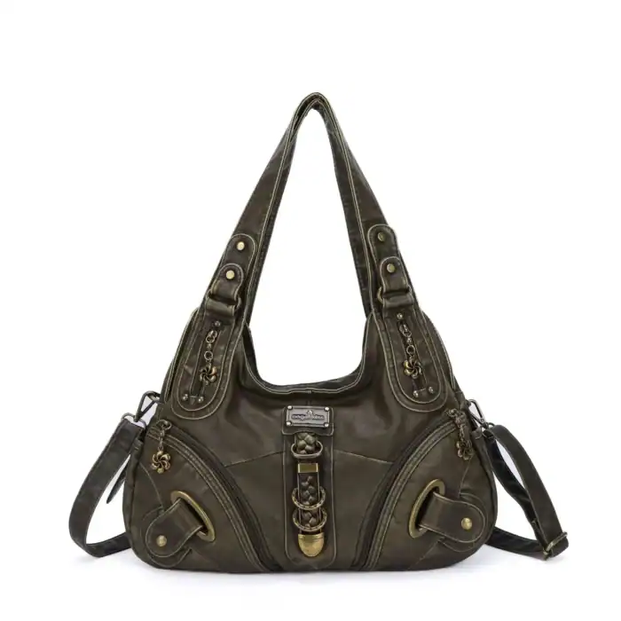 Robuste Damenhandtasche aus hochwertigem, braunem Kunstleder mit verzierten Reißverschlüssen und goldfarbenen Details, ideal für stilbewusste Frauen.