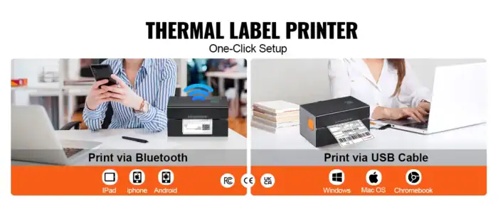 Thermale Etikettendrucker mit Bluetooth und USB Kabel, kompatibel mit iPad, iPhone, Android, Windows, Mac OS und Chromebook für effiziente Etikettenerstellung.