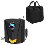 Geräte-Luftreiniger mit digitalem Display und Zubehör, inklusive tragbarer Tasche und Autoladeadapter für unterwegs, perfekt für saubere Luft in jedem Raum oder Fahrzeug.