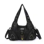 Rückenansicht einer schwarzen Damenhandtasche mit goldfarbenen Details, Taschen und Schnallen, ideal für Mode- und Accessoire-Suchende.