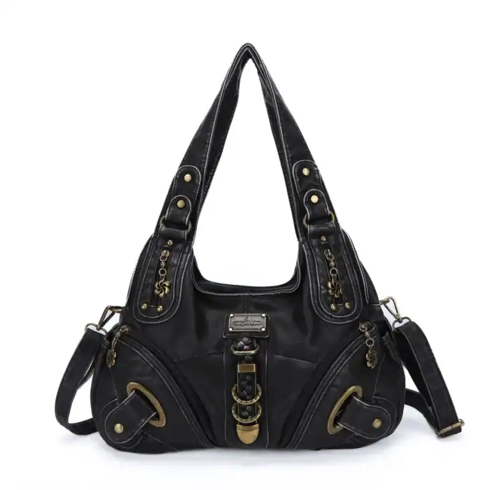 Rückenansicht einer schwarzen Damenhandtasche mit goldfarbenen Details, Taschen und Schnallen, ideal für Mode- und Accessoire-Suchende.