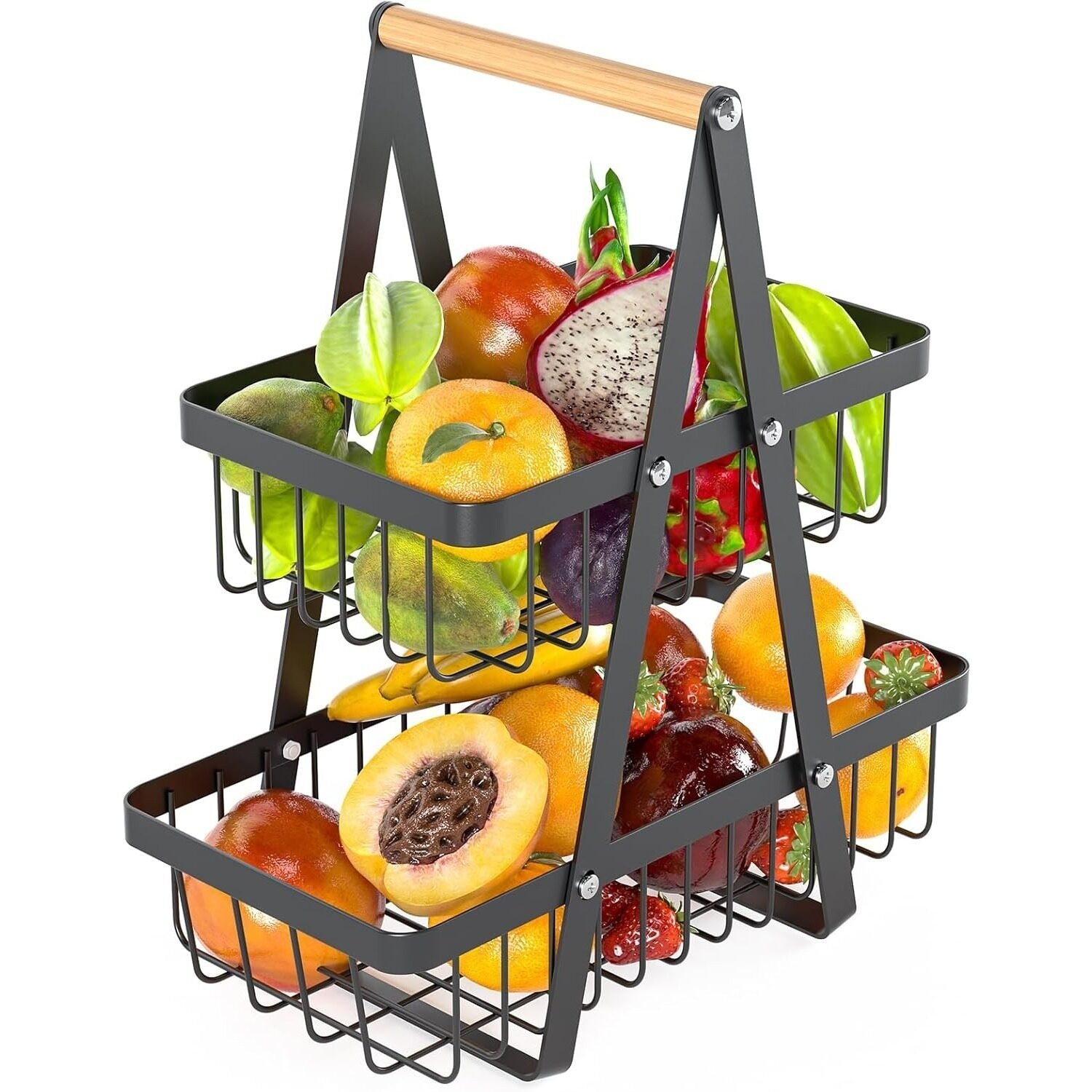 2-stöckiger abnehmbarer Korb, Snackaufbewahrung für die Küche, schwarze Blumenmädchenkörbe 2-stöckiger abnehmbarer Korb, Snackaufbewahrung für die Küche, schwarze Blumenmädchenkörbe
