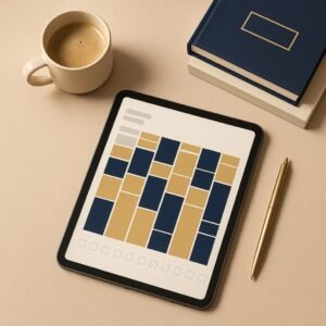 Tablet zeigt Wochenplaner mit farbcodiertem Zeitblocking-Raster, Prioritäten und Habit-Tracker-Kästchen – OutletLite digitales Produkt