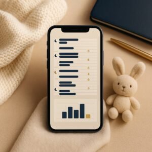 Smartphone zeigt Baby-Schlaf- und Fütterungs-Tracker mit Tagesverlauf, Symbolen und Übersichtsdiagramm – OutletLite digitales Produkt