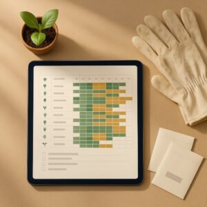 Tablet zeigt Garten-Aussaat- und Erntekalender mit farbigem Monatsraster, Pflanzen-Icons und Aufgabenliste – OutletLite digitales Produkt