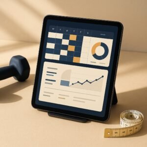 Tablet zeigt Fitness-Trainingsplan mit Wochenplan, Makro-Ringdiagramm und Fortschrittskurve – OutletLite digitales Produkt