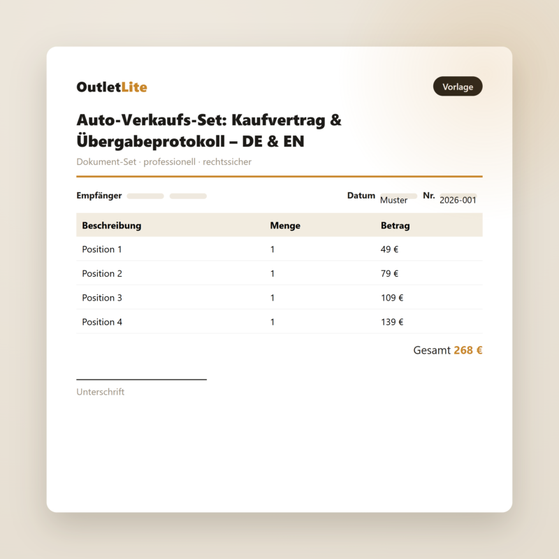 Auto-Verkaufs-Set: Kaufvertrag & Übergabeprotokoll – DE & EN