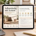 Preview of the digital operations manual Self-employment with a system: a tablet shows the bilingual product guide and a client lifecycle checklist.