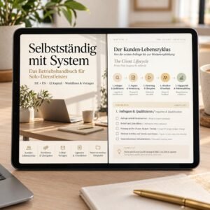 Vorschau des digitalen Betriebshandbuchs Selbstständig mit System: ein Tablet zeigt den zweisprachigen Produktleitfaden und eine Checkliste zum Kundenlebenszyklus.