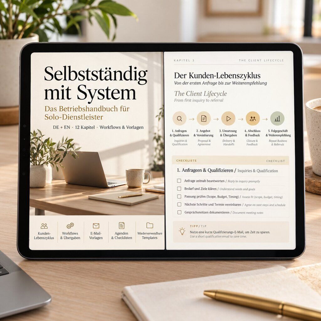 Vorschau des digitalen Betriebshandbuchs Selbstständig mit System: ein Tablet zeigt den zweisprachigen Produktleitfaden und eine Checkliste zum Kundenlebenszyklus.